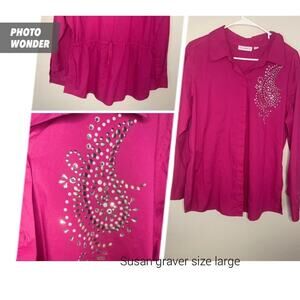 Susan Graver Large Pink Button Up Top Long Sleeve Collar Flowy Bejeweled Bdazzel